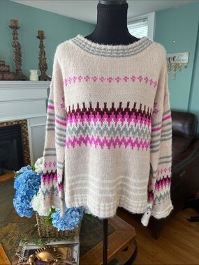 Solutions Francesca’s Sweater with Pink & Gray Fair Isle Pattern Cozy WoolBlend